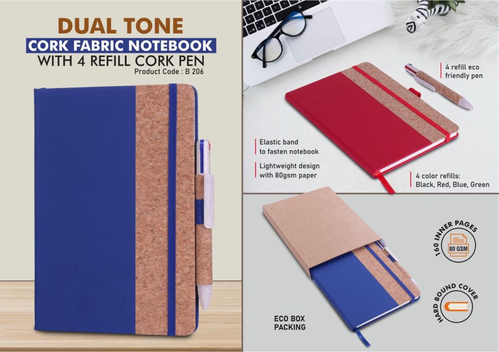 Dual Tone Cork Notebook with 4 Refill Cork Pen cork office notebook corporate gift india