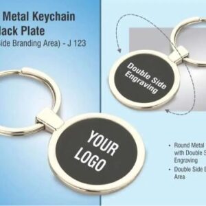 Premium round metal keychain with black engraving plate