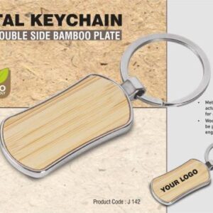 Eco-friendly metal keychain with double side bamboo plate